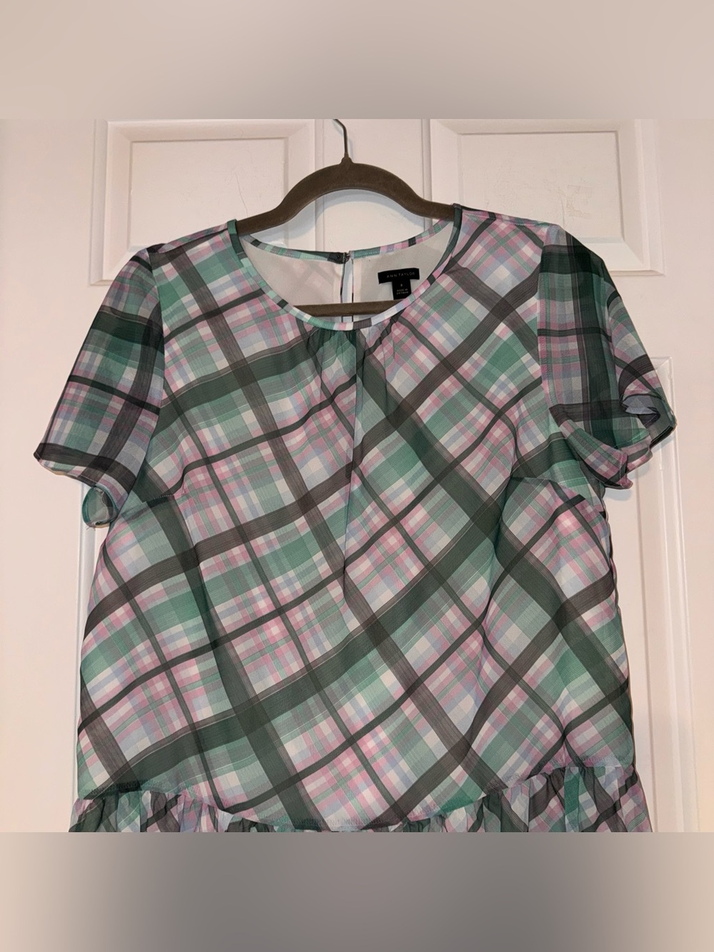 Ann Taylor Green Pink Plaid Drop Waist Short Sleeve chiffon lightweight Dress 8 - Picture 5 of 14